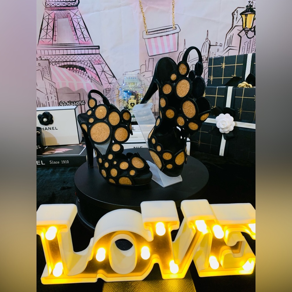 GUC💗 Pierre  Hardy 
Black  Nubuck  and Gold Polka Dot Sandals.